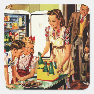Vintage Family, Mom with Kids, Snacks in Kitchen Square Sticker