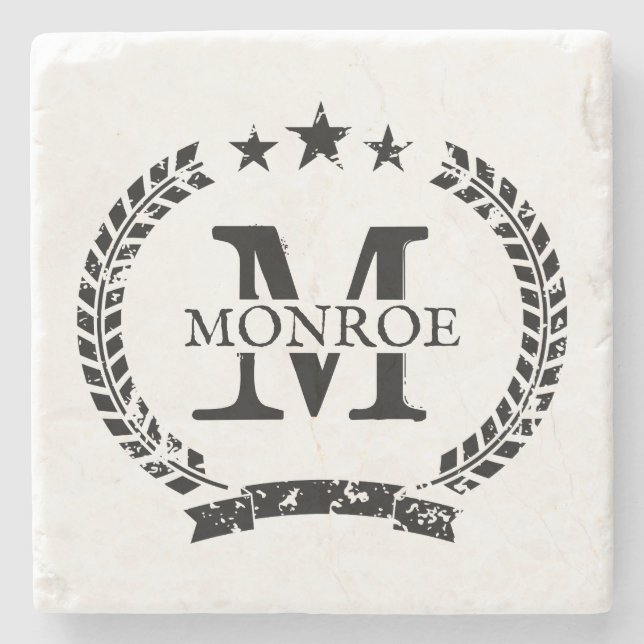 Vintage family name monogram custom marble stone coaster (Front)