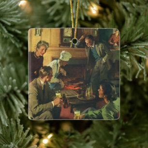 Vintage Family Party, Cooking Steaks Drinking Beer Ceramic Ornament