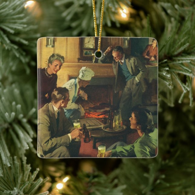 Vintage Family Party, Cooking Steaks Drinking Beer Ceramic Ornament (Tree)