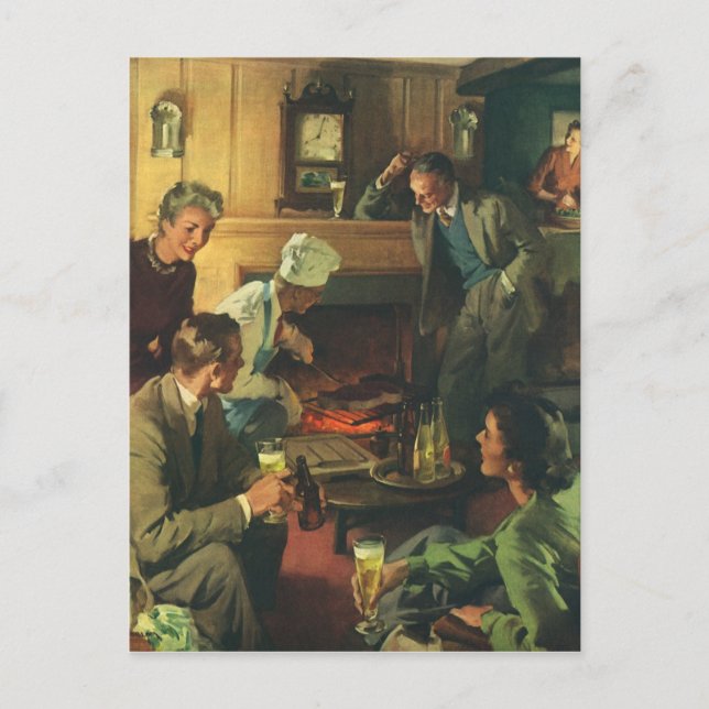 Vintage Family Party, Cooking Steaks Drinking Beer Invitation Postcard (Front)