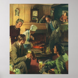 Vintage Family Party, Cooking Steaks Drinking Beer Poster