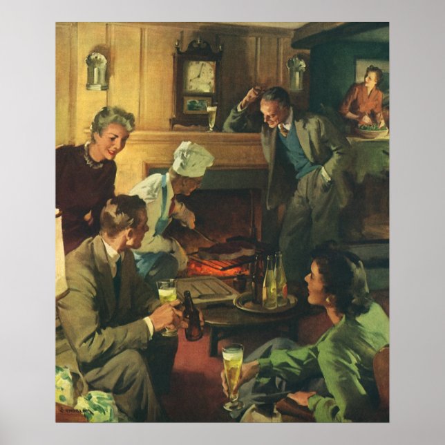 Vintage Family Party, Cooking Steaks Drinking Beer Poster (Front)