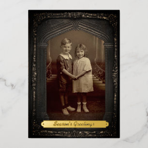 Vintage Family Photo Frame Sepia Filter Heirloom Foil Holiday Card