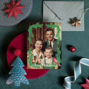 Vintage Family Photo Pine Bird Frame Christmas Holiday Card