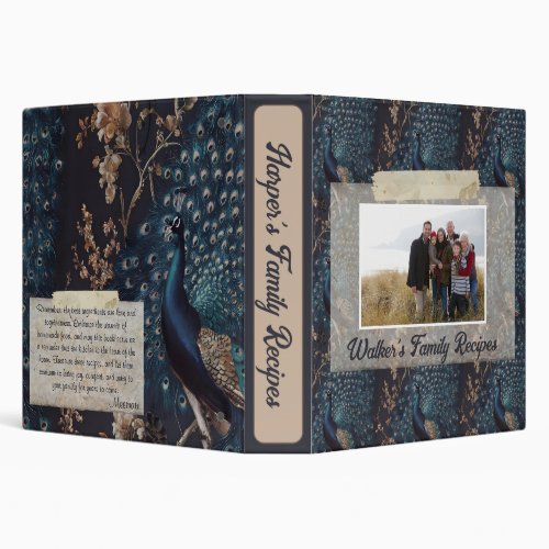Vintage Family Recipes Photo Floral Peacock birds 3 Ring Binder