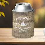 Vintage Family Reunion or Trip | Rustic Wood Trees Can Cooler<br><div class="desc">Celebrate family with these custom can coolers featuring a white logo with 3 pine trees, a vintage barn wood background and your name. Personalize further with 3 lines of custom text - add "Family Reunion, Family Trip, location, date, etc. A fun, rustic party favor for a get together at the...</div>