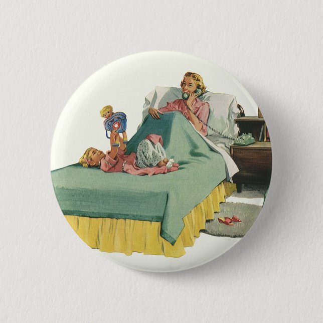 Vintage Family Serving Mom Breakfast in Bed Button (Front)