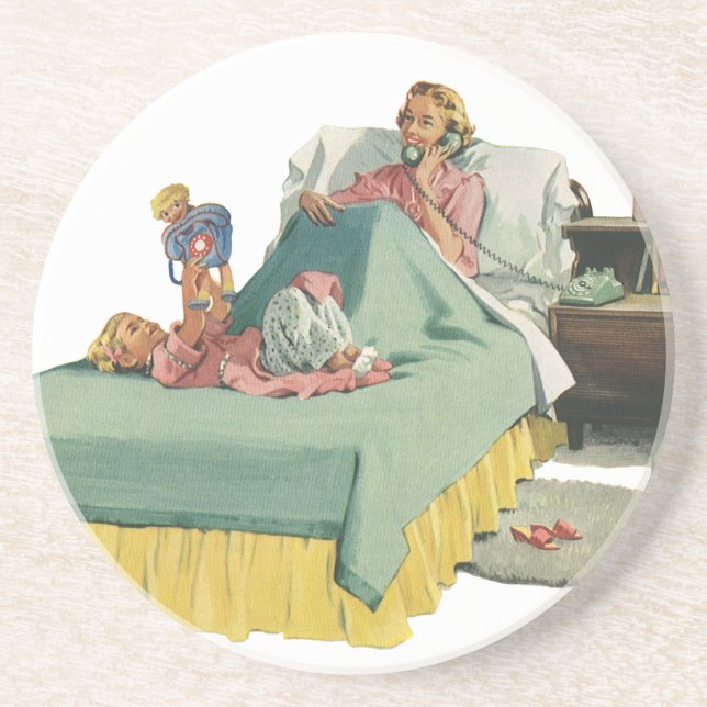 Vintage Family Serving Mom Breakfast in Bed Coaster (Front)