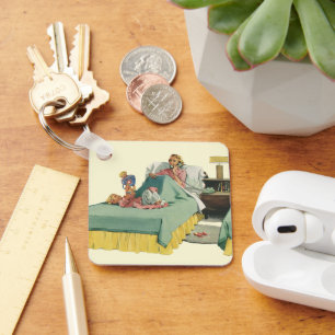 Vintage Family Serving Mom Breakfast in Bed Keychain