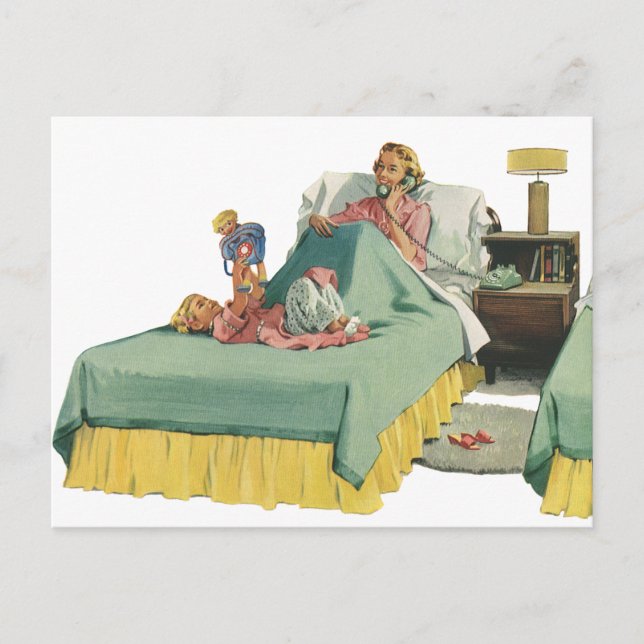 Vintage Family Serving Mom Breakfast in Bed Postcard (Front)