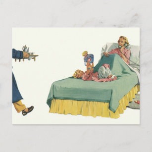 Vintage Family Serving Mom Breakfast in Bed Postcard
