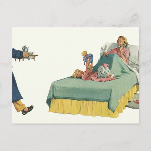 Vintage Family Serving Mom Breakfast in Bed Postcard