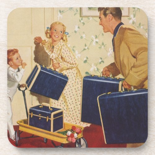 Vintage Family Vacation Dad Kids and Suitcases Beverage Coaster