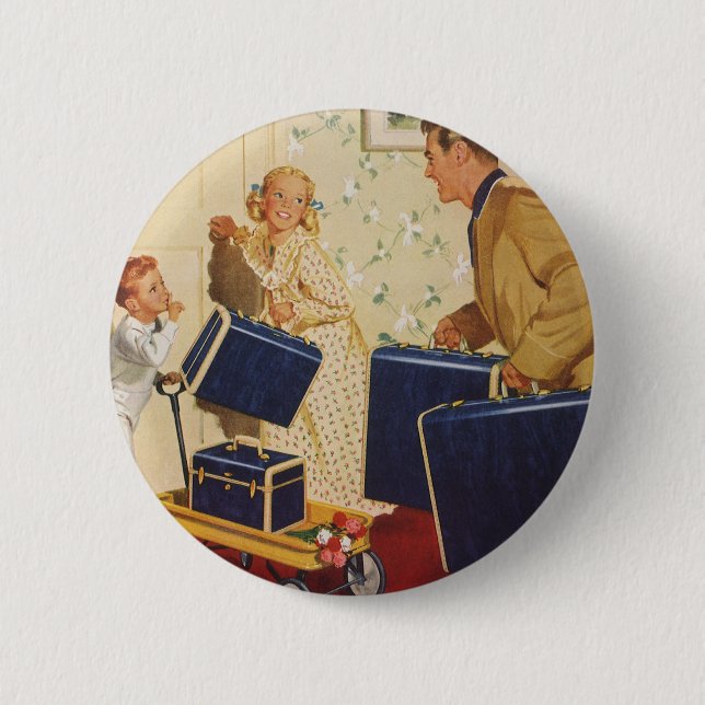Vintage Family Vacation, Dad, Kids and Suitcases Button (Front)