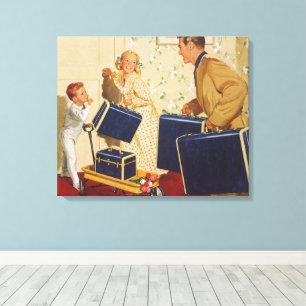 Vintage Family Vacation, Dad, Kids and Suitcases Canvas Print