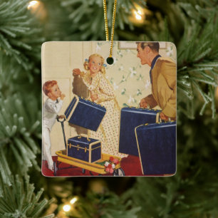 Vintage Family Vacation, Dad, Kids and Suitcases Ceramic Ornament