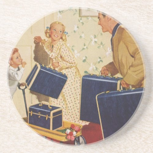 Vintage Family Vacation Dad Kids and Suitcases Coaster