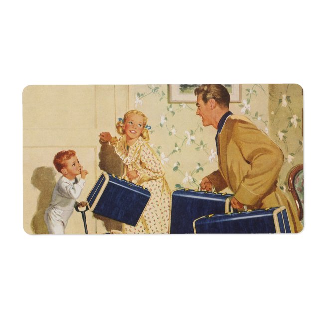 Vintage Family Vacation, Dad, Kids and Suitcases Label (Front)