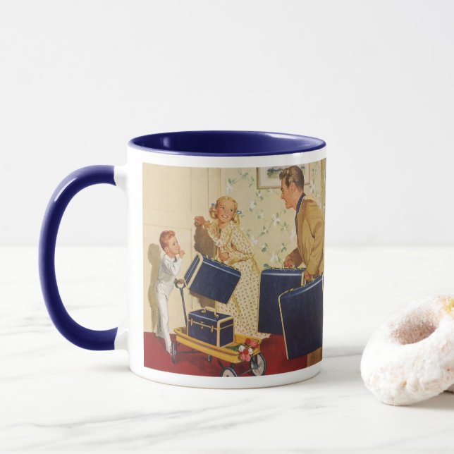 Vintage Family Vacation, Dad, Kids and Suitcases Mug (With Donut)