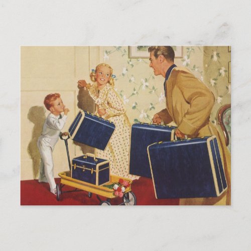 Vintage Family Vacation Dad Kids and Suitcases Postcard