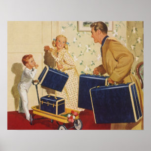 Vintage Family Vacation, Dad, Kids and Suitcases Poster
