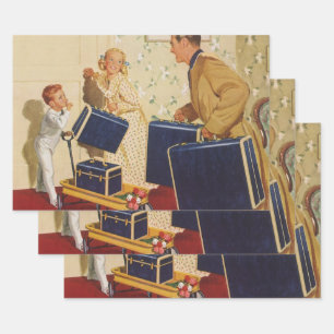 Vintage Family Vacation, Dad, Kids and Suitcases Wrapping Paper Sheets