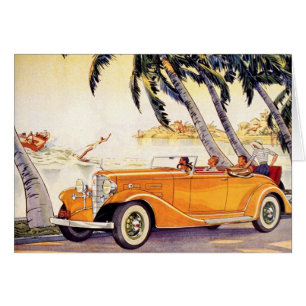 Vintage Family Vacation in a Convertible Car Cards