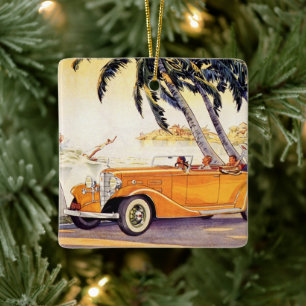 Vintage Family Vacation in a Convertible Car Ceramic Ornament