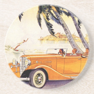 Vintage Family Vacation in a Convertible Car Drink Coaster