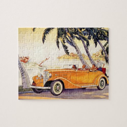 Vintage Family Vacation in a Convertible Car Jigsaw Puzzle