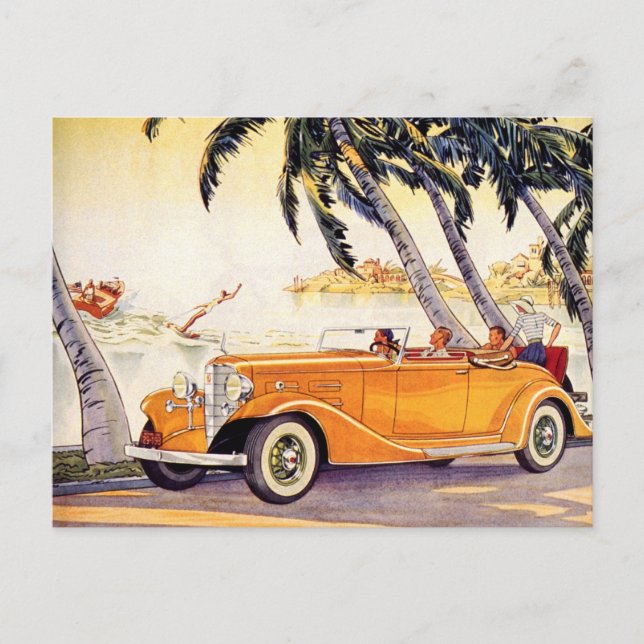 Vintage Family Vacation in a Convertible Car Postcard (Front)