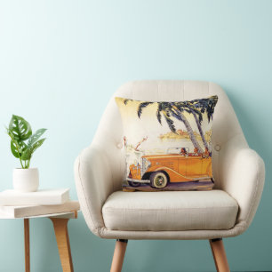 Vintage Family Vacation in a Convertible Car Throw Pillow