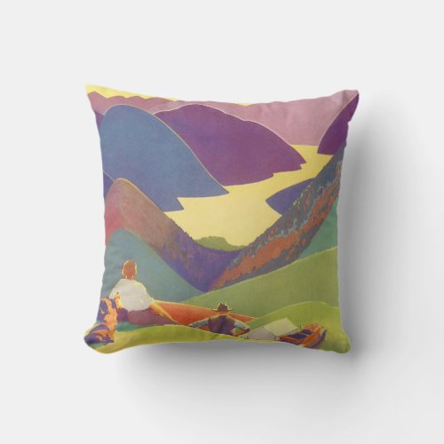 Vintage Family Vacation Picnic in the Mountains Throw Pillow