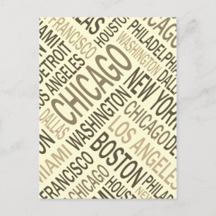 Vintage Famous Cities USA Word Cloud Postcard