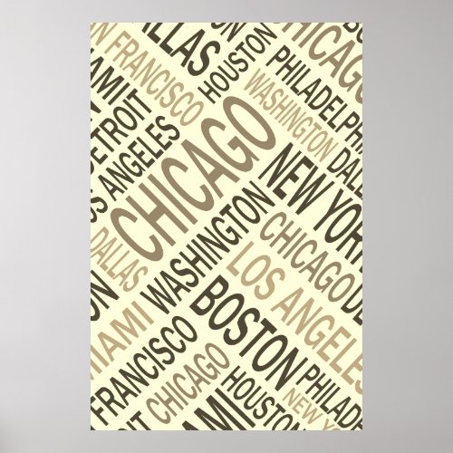 Vintage Famous Cities USA Word Cloud Poster