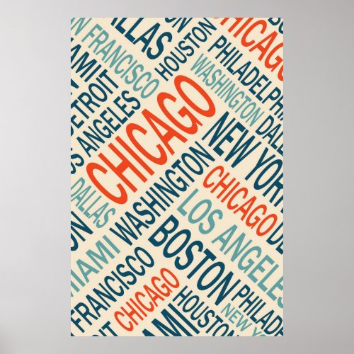 Vintage Famous Cities USA Word Cloud Poster