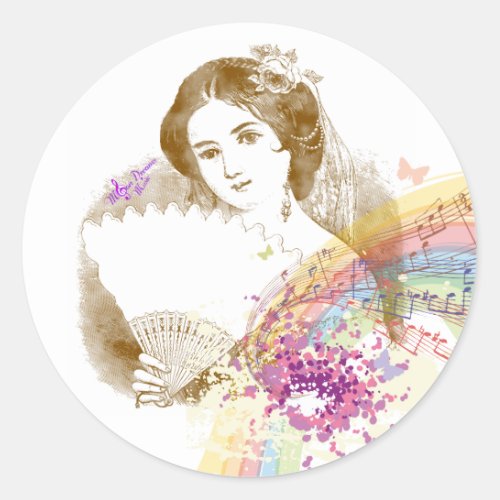 Vintage Fan Lady Classic Round Stickers