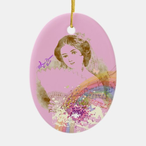 Vintage Fan Lady ColorSplash Pink Oval Ornament