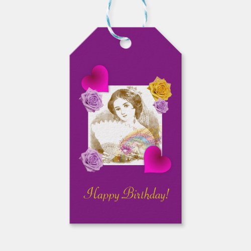 Vintage Fan Lady Deep Purple Birthday Gift Tags