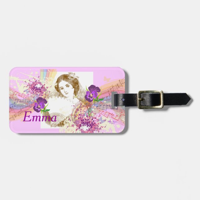 Vintage Fan Lady Music & Flowers Luggage Tag (Front Horizontal)