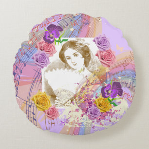Vintage Fan Lady Music&Flowers Round Cotton Pillow