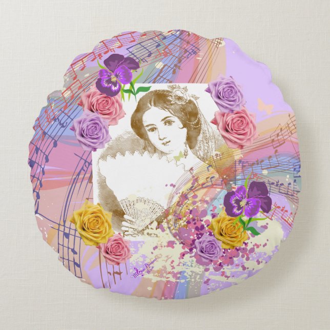 Vintage Fan Lady Music&Flowers Round Cotton Pillow (Front)