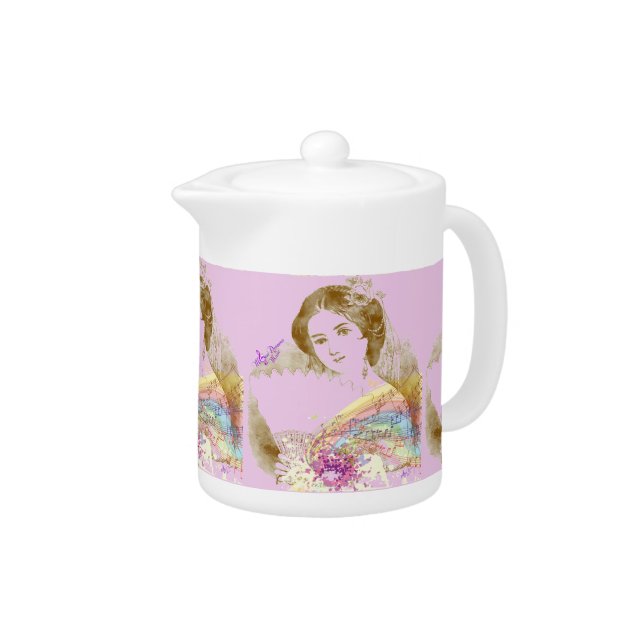 Vintage Fan Lady Pink Small Teapot (Right)