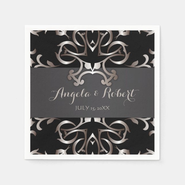 Vintage Fancy Elegant Bronze Black Baroque Wedding Napkins (Front)