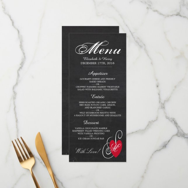 Vintage Fancy Heart - Chalkboard Wedding Menu (Front/Back In Situ)