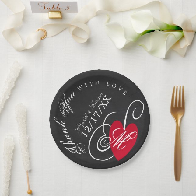 Vintage Fancy Heart - Chalkboard Wedding Paper Plates (Wedding)