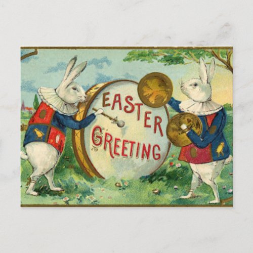 Vintage Fancy Rabbits With Drum Easter Greetings Postcard