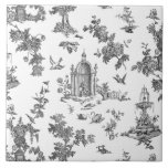 Vintage Fantastic Fountains and Trees Toile-B & W Ceramic Tile<br><div class="desc">Historic seamless adaptation of a John Munn English engraved toile de jouy textile pattern ca 1770s featuring a classic monument to Shakespeare,  fountains,  birds and exotic florals. Black on white background.</div>