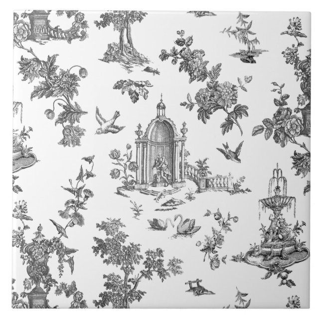 Vintage Fantastic Fountains and Trees Toile-B & W Ceramic Tile (Front)